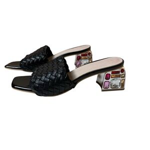 Jingpin Women's Black Rhinestone Block Heels Size EU 40 US 9 Sandals Maximalist